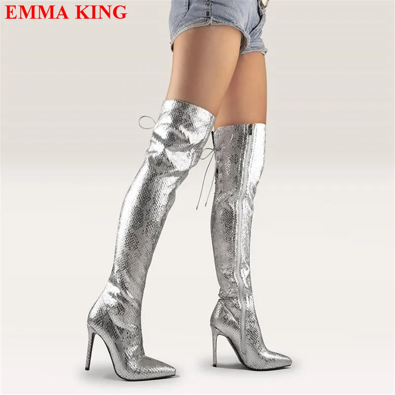 

Fashion Autumn Silver Boots Women Lace Up Over The Knee Long Boots Pointed Stiletto Thigh High Boots High Heel Party Shoes Woman
