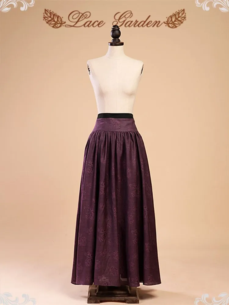 Free Shipping 2021 New Vintage Royal Long High Waist A-line Skirts For Women Spring And Autumn England Style Purple Print Skirts