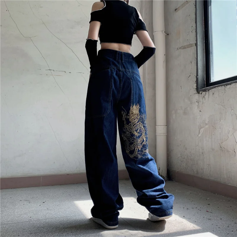 American Retro Street Loose Embroidered Straight-leg Jeans Women 2022 New Casual All-match High-waist Mopping Wide-leg Trousers