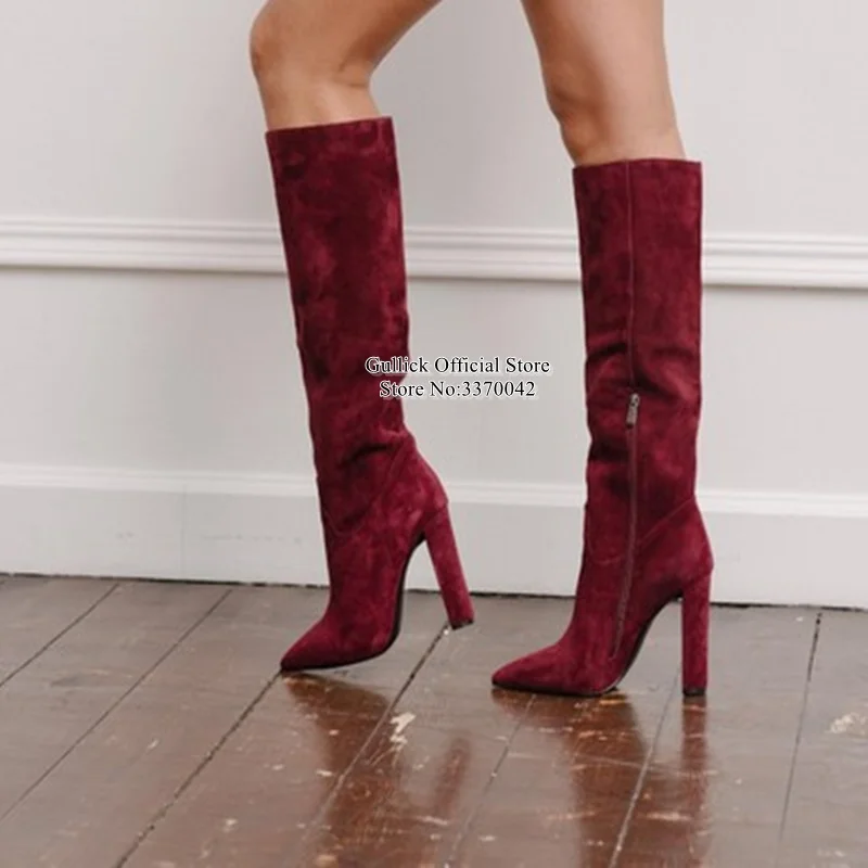 Sexy Suede Knee High Boots Chunky Heels Pointed Toe Zipper Long Boots Black Burgundy Stretch Tight High Boots Drop Ship