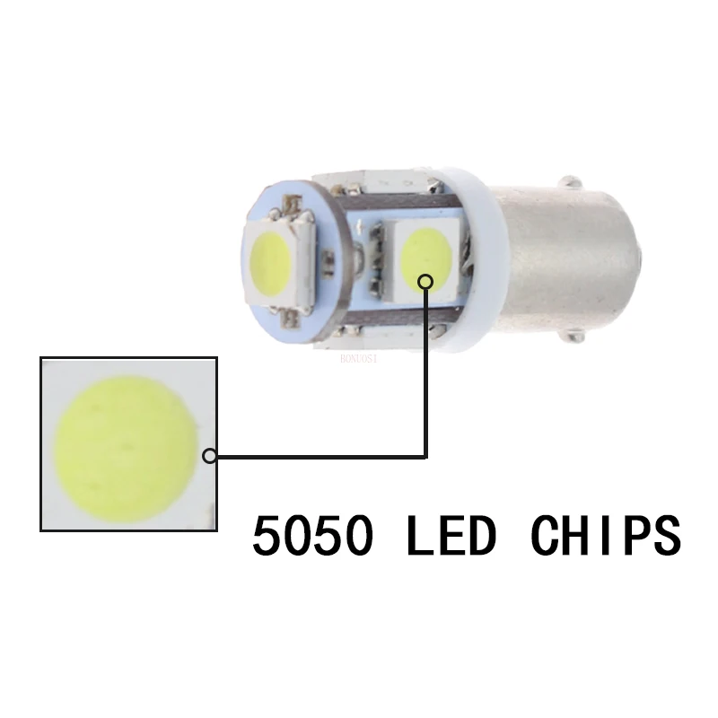 5PCS DC 24V Ba9s 5050 5-SMD Car LED Bulb 110 Lumen T4W 1445 H6W Side Marker Light Door Interior License Plate Wedge Lamps White