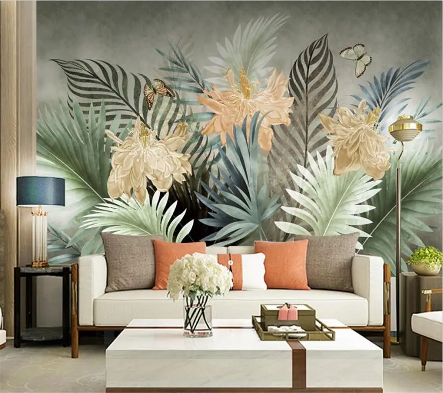 

wellyu Custom mural hand-painted light green plants leaves flowers and birds TV background living room background wallpaper