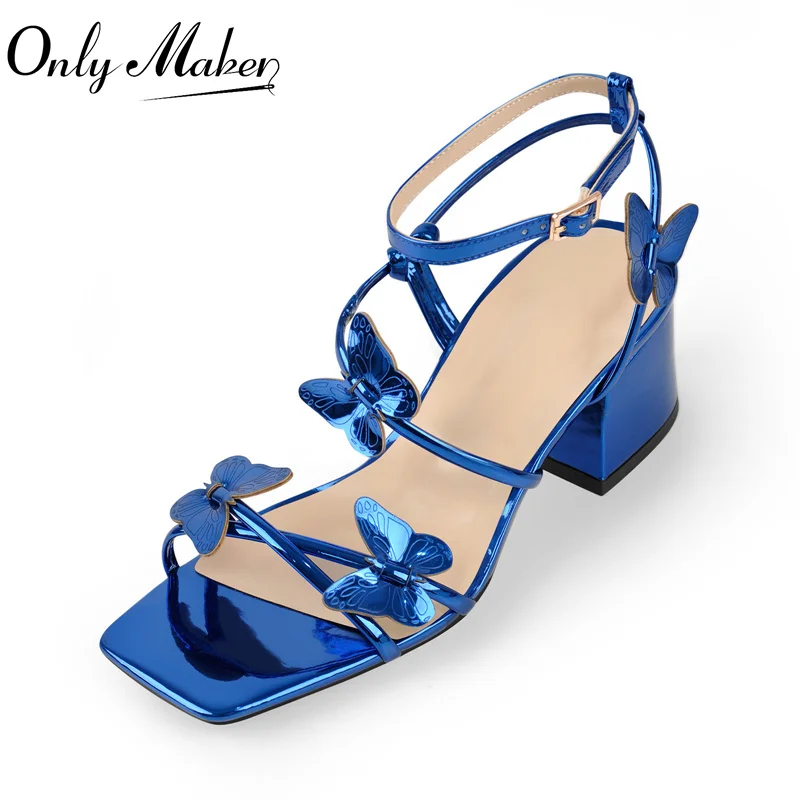 Onlymaker  Summer Sandals Square Peep Toe Butterfly Decoration Strange Style Chunky Heels Women Daily Casual High Heels