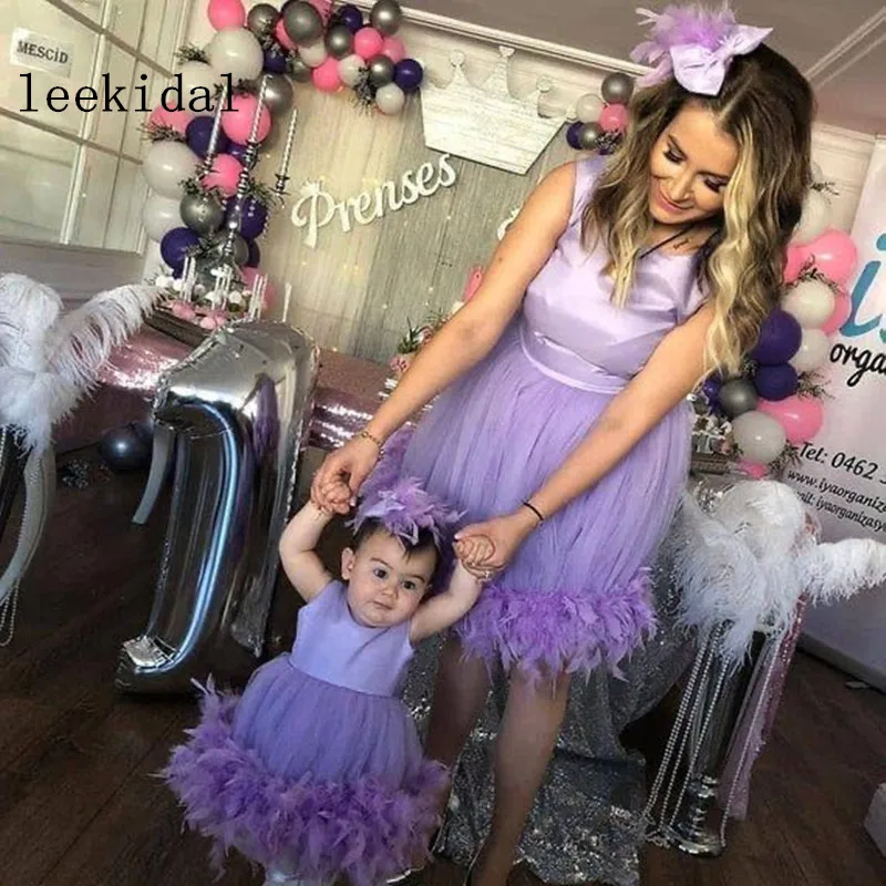 Purple Lavender Mother Daghter Dresses Knee Length Purple Feather Mom Kids Matching Dresses Mother Daughter Photo Dresses Custom