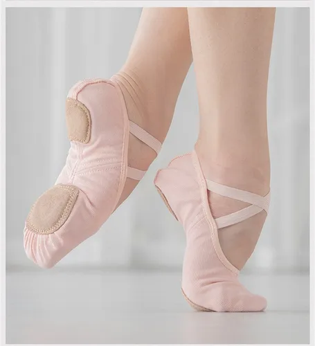 Imagen 2 del producto Venta al por mayor, barato, OEM, Ballet rosa, plegable, mujeres, niñas, suela dividida, lona, ropa de baile suave, zapatos de Ballet elásticos