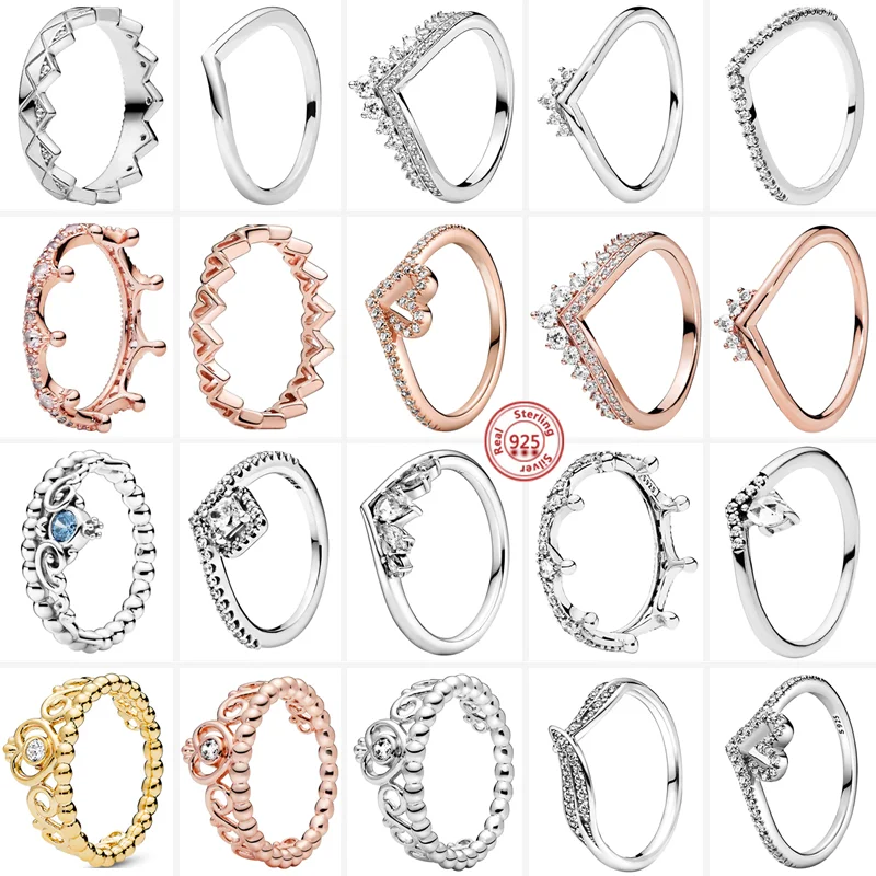 

Hot Sale 925 Sterling Silver Princess Crown Beaded Sparkling Transparent Zircon Pantaro Rings Women European Jewelry DIY Making