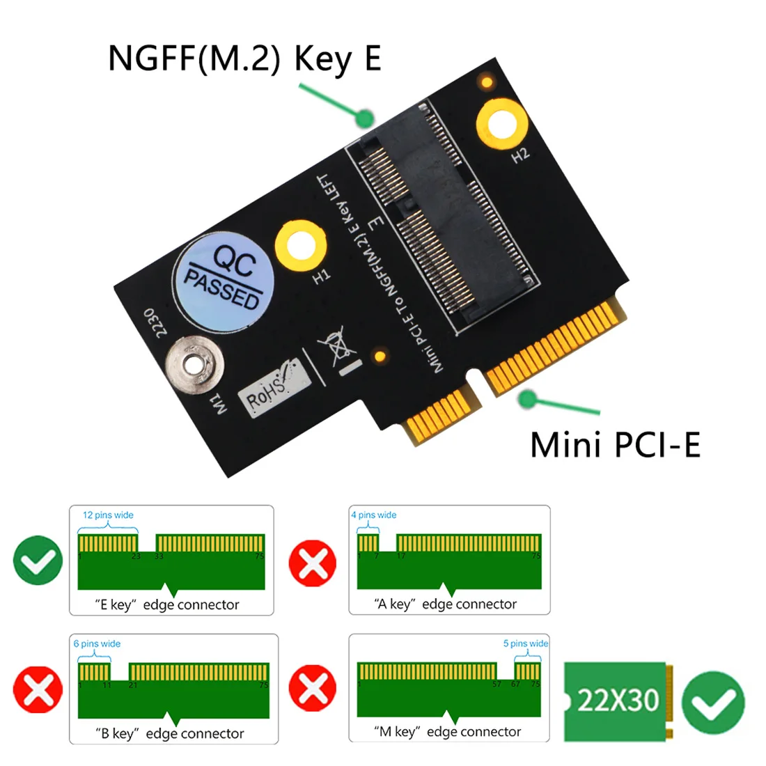 M.2 Adapter for NGFF key E to Half-size Mini PCI-E Expansion Card for WiFi6 AX200, 9260, 8265 ,8260 ,7265 Card and Y510P Model