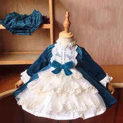 0-12Y Baby Girl Autumn Winter Long Sleeve Blue Velvet Turkish Spanish Vintage Princess Ball Gown Dress for Birthday Christmas C4