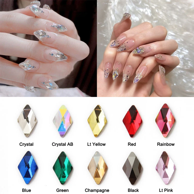 30/100pcs Nail Art Rhinestone Flat Rhombus Crystal Glass 6x10mm 3D   Trendy Fingernail DIY Decoration Accessories