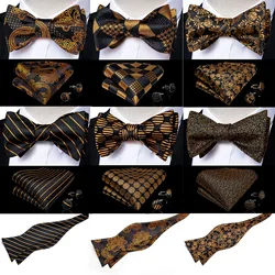 Self Tie Bow Tie Handkerchief Cufflinks Set Fashion Black Gold Men's Butterfly Bowknot Formal Wedding Party Cravat