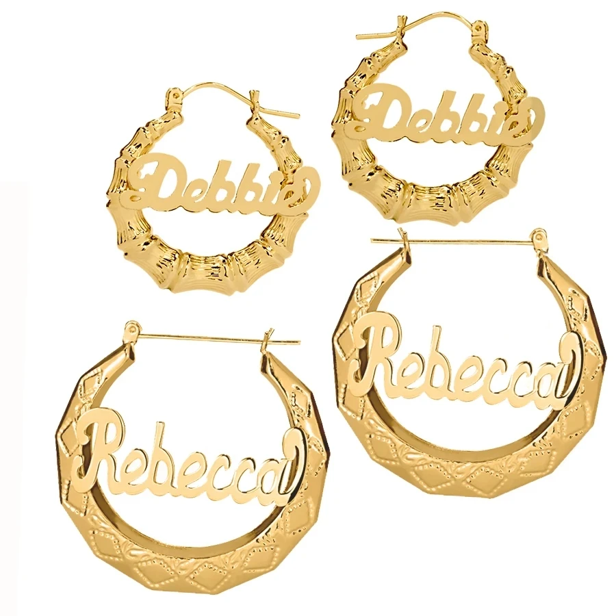 

Personalized Name Bamboo Earrings Hip Hop Stainless Steel Earrings Customized Name Hoop Earring Classic Jewelry For Women Gift