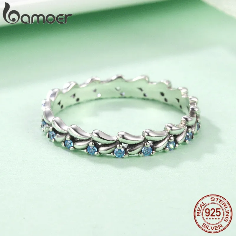 Bamoer Blue Ocean Wave Finger Rings for Women Fashion Fresh Style Genuine 925 Sterling Silver Stackable Ring All-match Jewelry