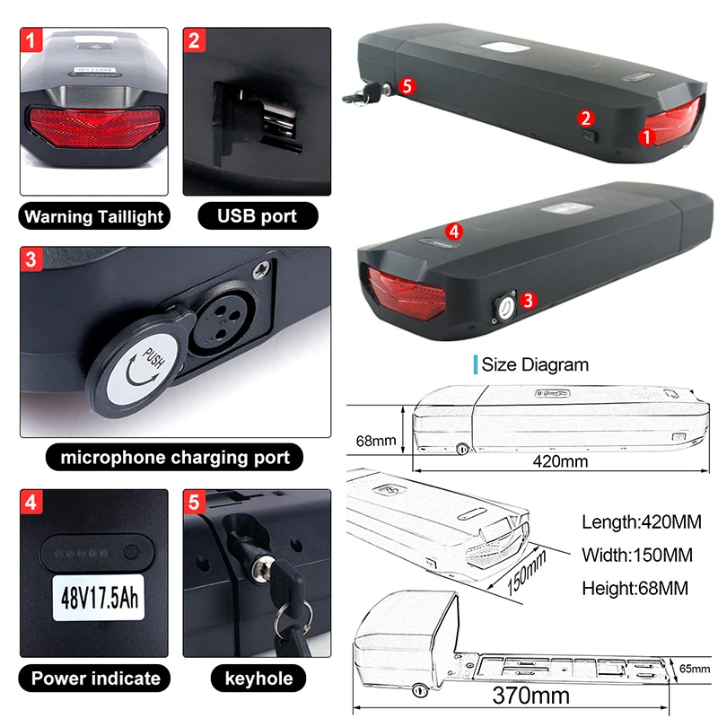 Electric Bicycle 48V 20Ah 52V Ebike Battery Rear Rack Battery Pack 36V 25Ah For Ebike with Taillight USB Port E Bike Charger