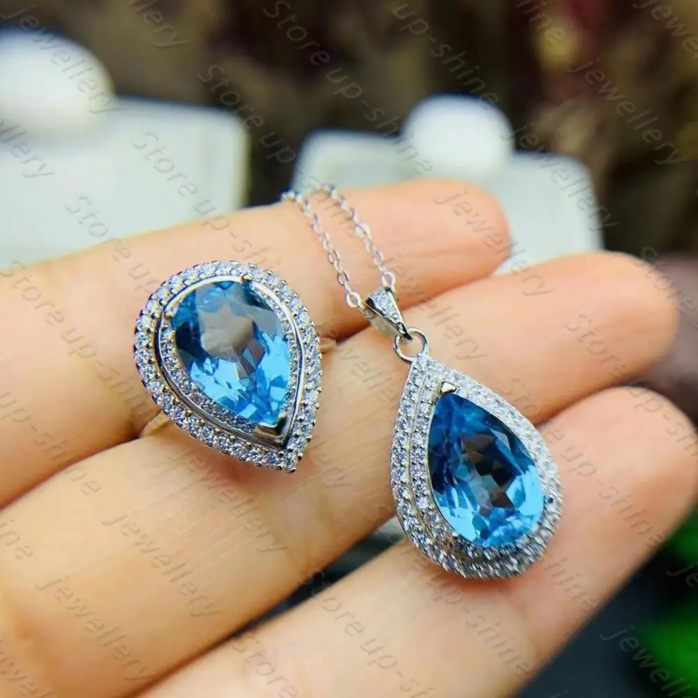 

Natural Blue Topaz Ring Pendant 925 Silver Women's Ring Pendant Super Shiny Luxury Atmosphere Banquet Essential Jewelry