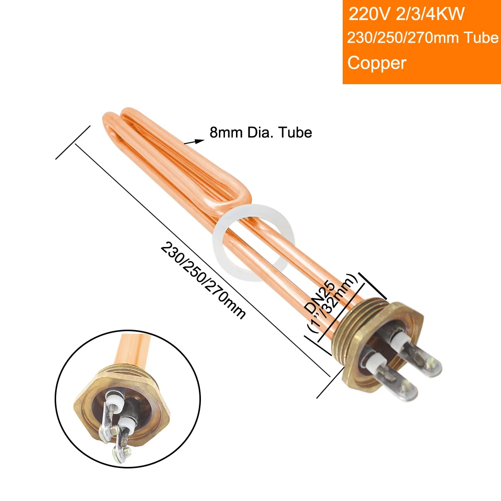 1 Inch Thread Water Heater Element 220V DN25 Copper Electrical Heating Element for Solar Water Tank Wattage 2KW/3KW/4KW