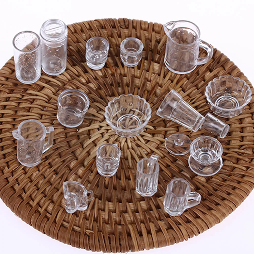 15PCS/Lot Miniature Cup Dish Bowl Simulation Tableware Set Acrylic Transparent Kids Kitchen Toy Dollhouse Decoration Accessories