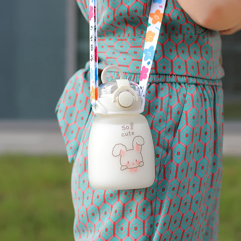 Kids Cartoon Glass Water Bottle Mug Animal School Drinking Water Straw Cup Gravity Ball Straw Thermos Bottle Shoulder Strap