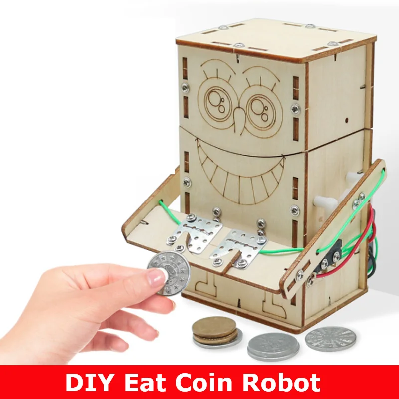 רובוט אוכל מטבע חשמלי עץ DIY דגמים וצעצועי בנייה מודל מדע וחינוך צעצוע לילדים מתנה