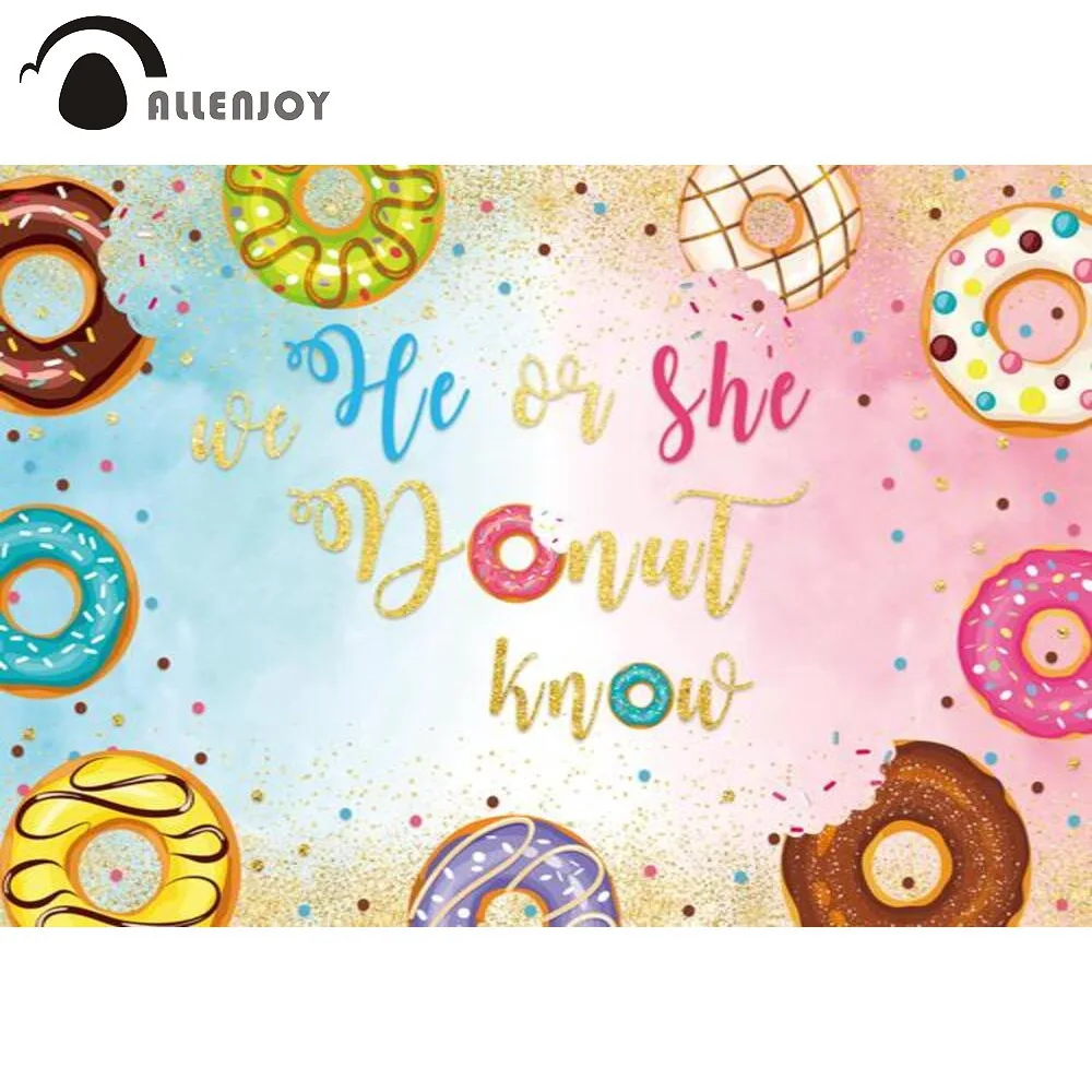 

Allenjoy Donut Backdrop Gender Reveal Baby Shower Newborn 1st Birthday Party Decor for Photo Shoot Backgrounds Photocall