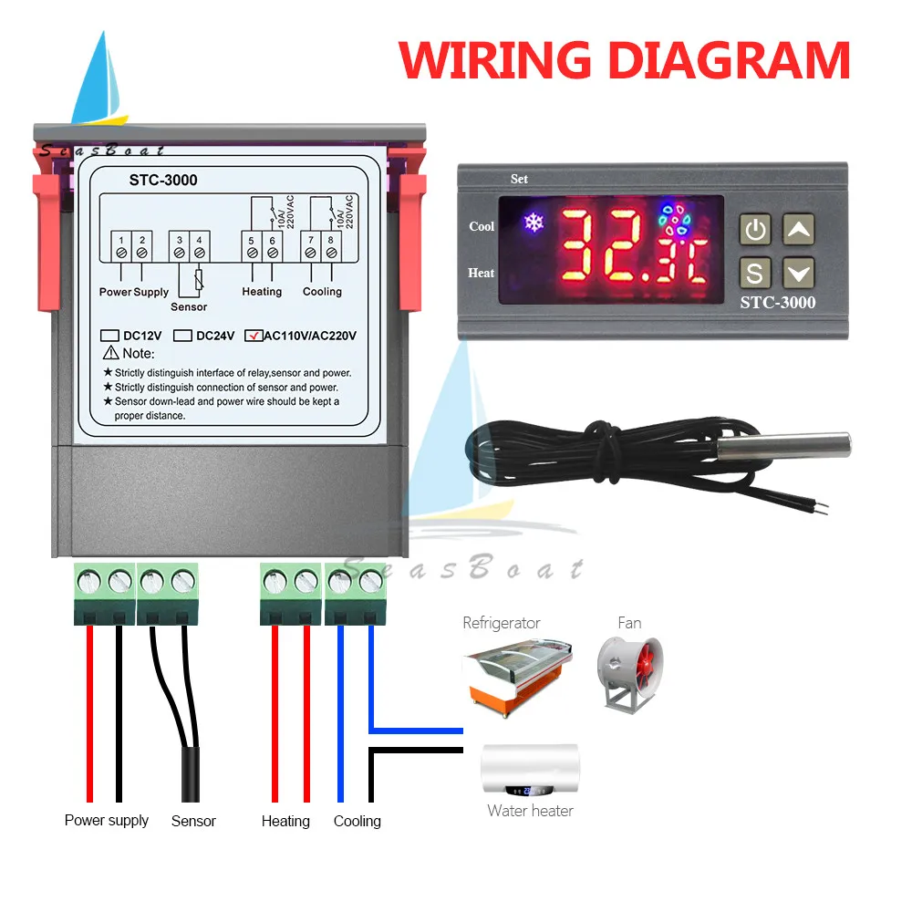 STC-3000 STC3000 Digital Temperature Controller Thermometer Thermostat Sensor Incubator Heating Cooling Switch 12V 24V 220V