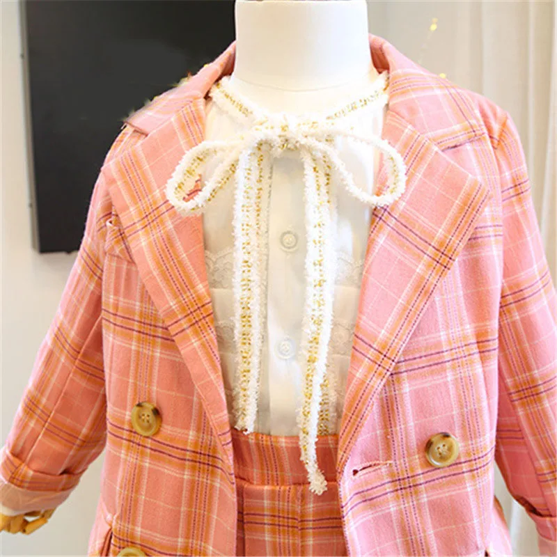 Spring Autumn New Girls\' Clothing Sets Students Plaid Suit Long-Sleeved Cardigan Jacket+Pleated Skirt Children Baby Kids Outfits