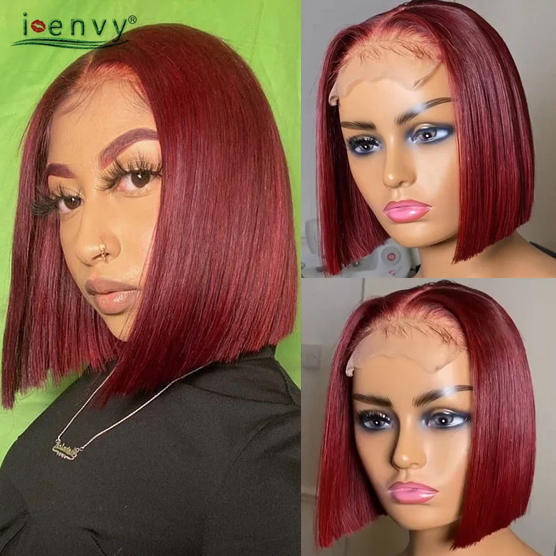 Burgundy Red Bob Wig Lace Front Human Hair Wigs 99J Peruvian Straight Short Bob Wigs Transparent T Part Lace Wigs Ginger Blonde