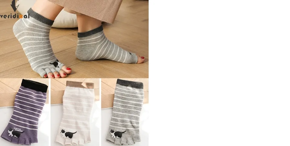 Frühling Herbst Fünf Finger Socken Frauen Mädchen Nette Katze Druck Offene Zehen Gestreiften Weben Ohne Knochen Knöchel No Show Socken EU 35-39 – Detail 2