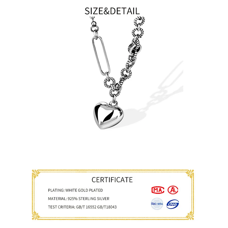 Silver color Necklace Ladies Elegant Chain Necklace Fashion Heart Shape Sterling Silver Jewelry Round Necklace