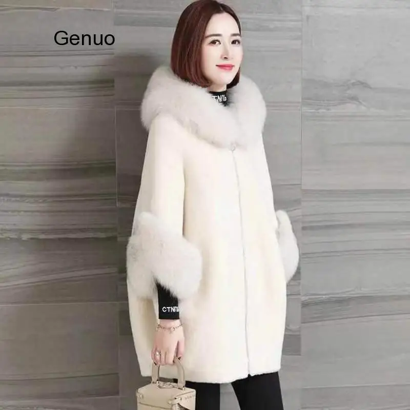 

Women Elegant Hooded New Oversize Coats Imitation Lambswool Warm Plush Jackets Outwear