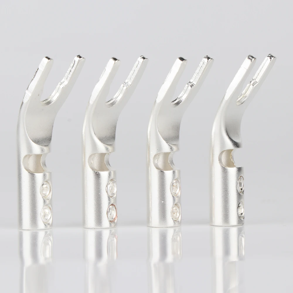 4pcs Pure Copper Silver Plated Speaker Terminals Spade Plug Speaker Cable Wire Connector HiFi Fork Connector
