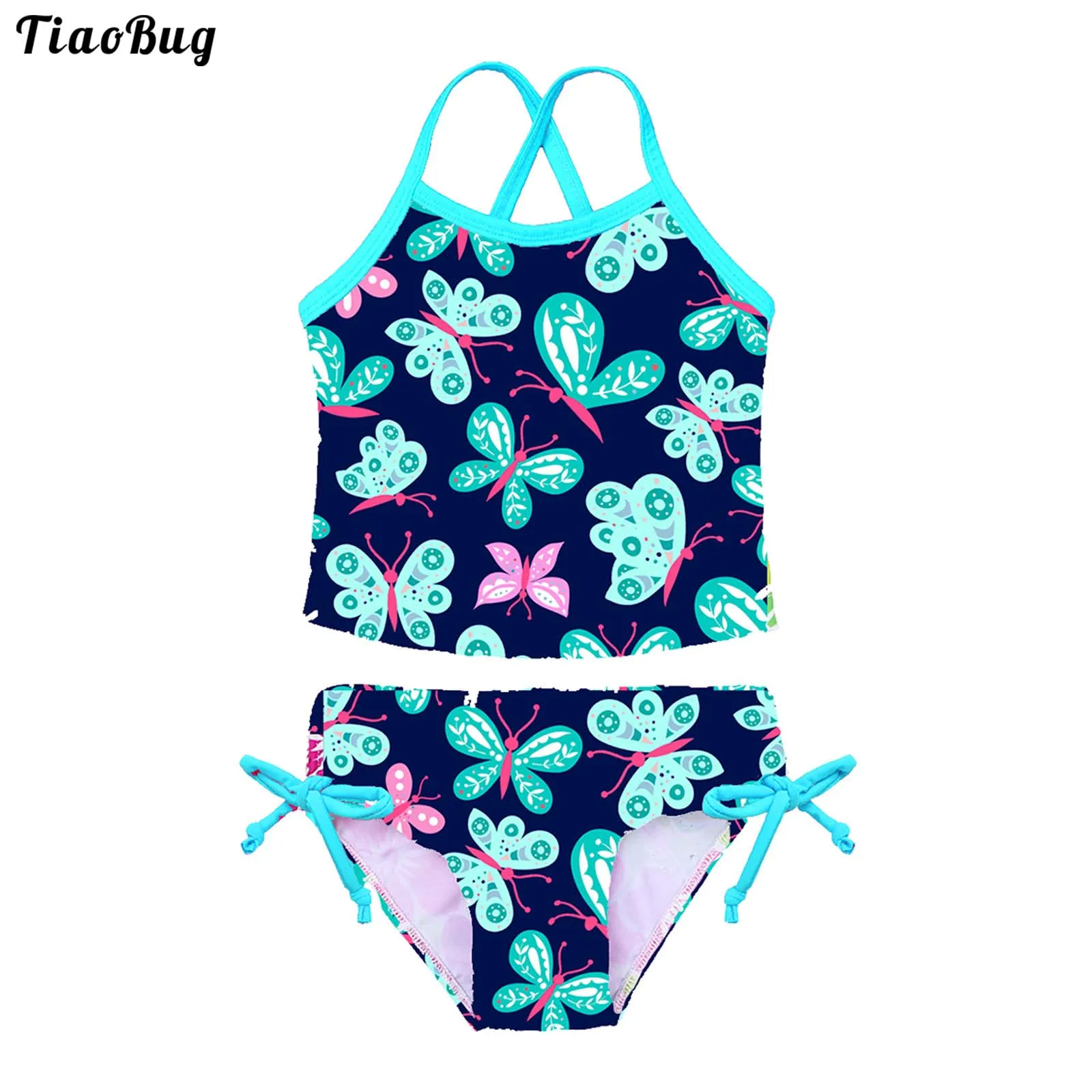 TiaoBug 3 To 14 Years Summer 2Pcs Kid Girls Tankini Floral Printed Swimsuit Swimwear Bathing Suit Tops With Tie Side Bottoms Set