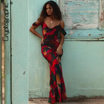 Kryptographische Mode Druck Mesh Sehen Durch Sexy Slip Maxi Kleider Frauen Sommer Urlaub Ärmel Club Party Kleider Elegante