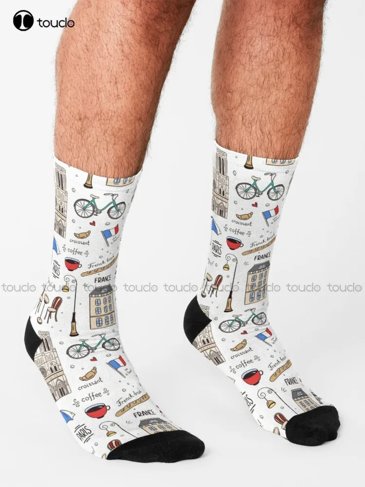 Paris Pattern Colors  France Eiffel Tower Cafe Socks Navy Soccer Socks Personalized Custom Unisex Adult Teen Youth Socks