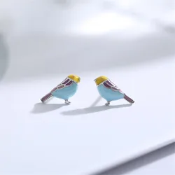 New Arrival Colorful Epoxy Compact Bird 925 Sterling Silver Jewelry Temperament Cute Animal Exquisite Stud Earrings E083