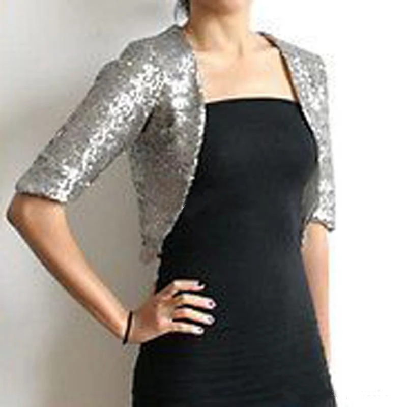 Shiny Silver Grey Half Sleeve Sequined Bridal Jackets Shrug Formal Women Country Wedding Party Coat Boleros Wedding Accessories