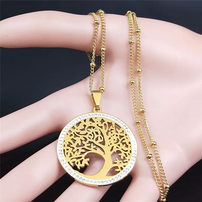 Mode Baum des Lebens Edelstahl Halskette Gold Farbe Kristall Anhänger Halsketten Elegante Frauen Mädchen Schmuck Geschenke N76S01 – Detail 6