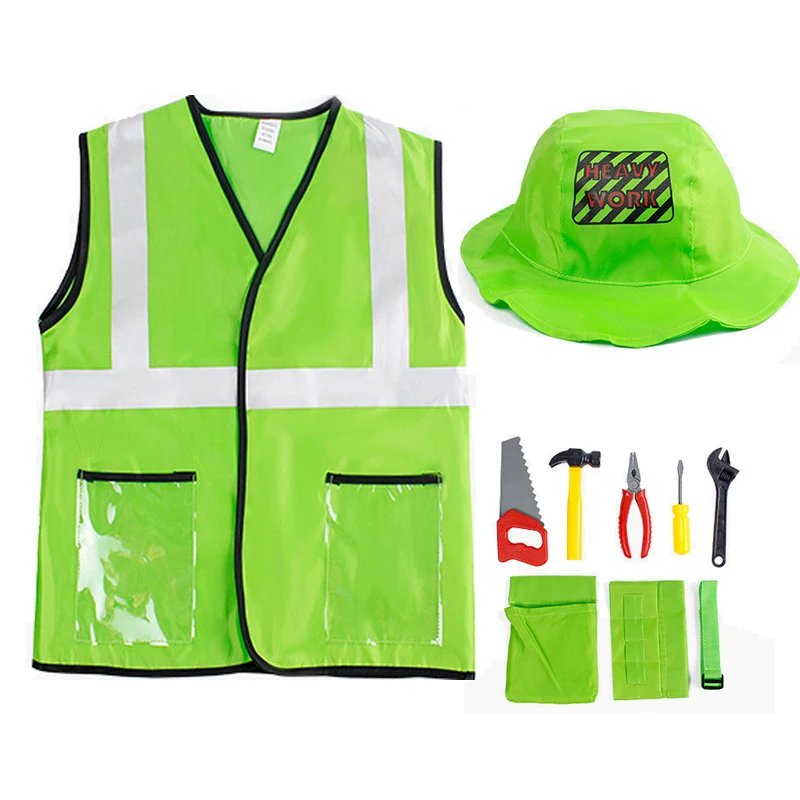 Children Construction Worker Costume Kids Role Play Dress up Set Yellow Green for 3 4 5 6 7 Years Boys Girls