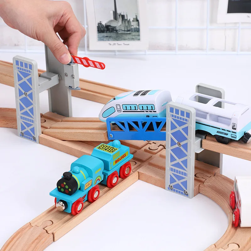 Tren de madera a granel, accesorios de pista, Serie de puente, Escena de pista, juguetes educativos, puente de doble barrera, coche de riel de marca a tiempo