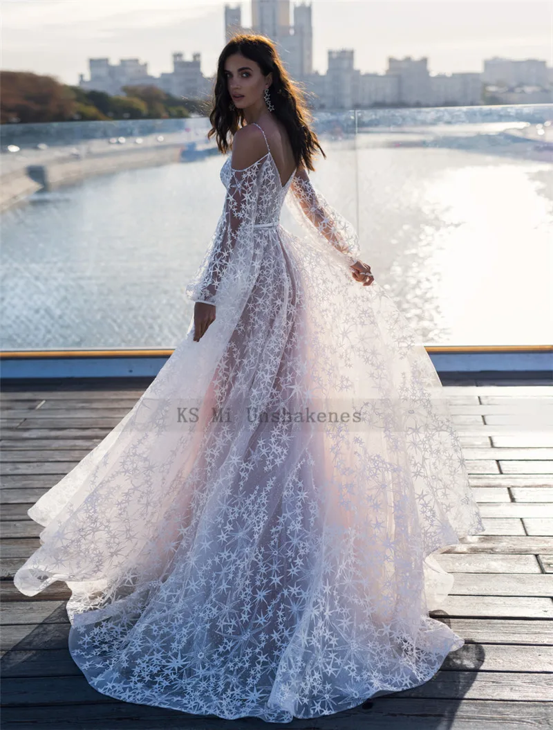 Brush Pink Vintage Wedding Dress Puff Long Sleeve Stary Tulle Wedding Gowns A Line Vestido de Noiva Beach Bride Dresses 2021