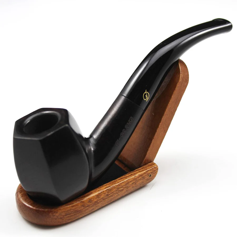 Handmade Nature Ebony Wood Bent Type Smoking Pipe Round Smoke Tobacco Wooden Pipe Gift 10pc 9mm Filters + Pouch + Holder #437S