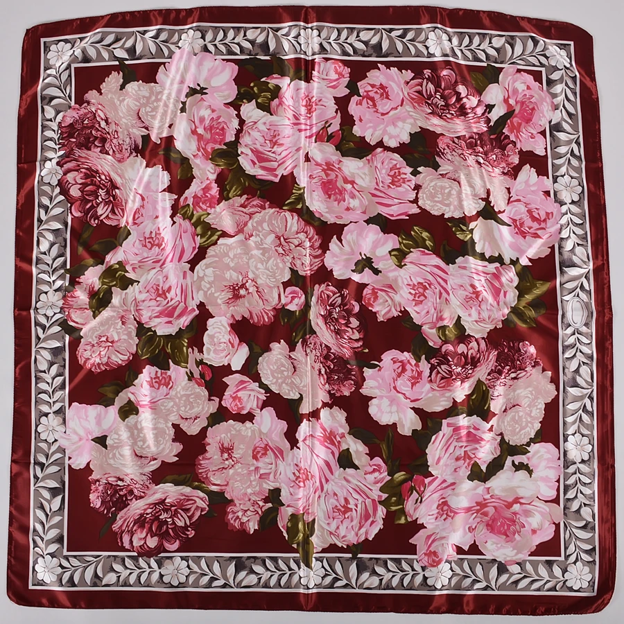 BYSIFA New Accessories Women Wine Red Silk Scarf Cape Fashion Chinese Rose Satin Square Scarves Shawls Ladies headkerchief Hijab