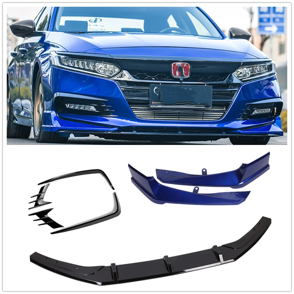 AKASAKA For Honda Accord 2018-2020 10th Front Bumper Spoiler Lip+Side Splitter Corner Cover+Fog Light Brow Eyebrow Frame Trim