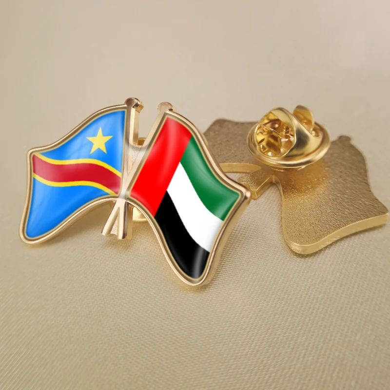 Congo Democratic Republic and United Arab Emirates Crossed Double Friendship Flags Lapel Pins Brooch Badges