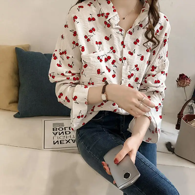 Long Sleeve Shirts Women New Spring Tunic Fashion Streetwear Cherry-print Ins Loose Mujer Vintage Pockets Korean Style College