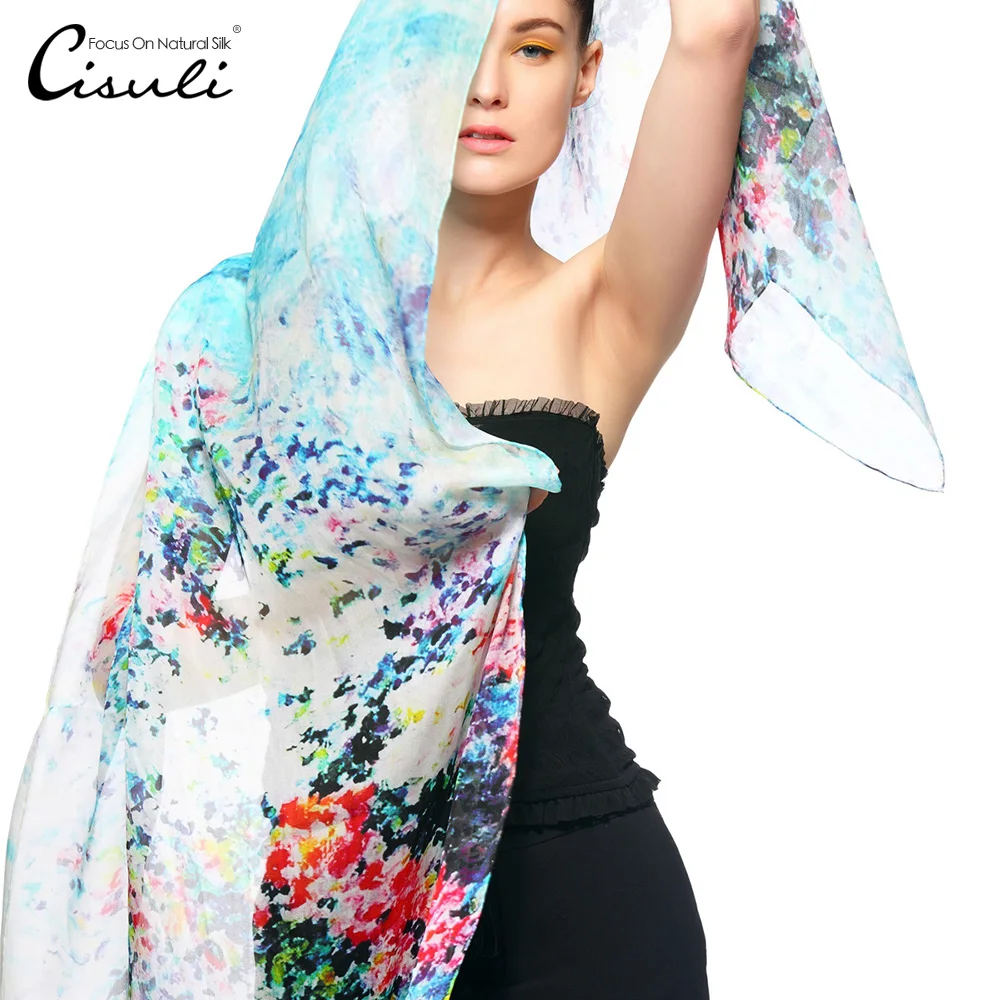 

CISULI 100% Silk Chiffon Scarf 110X180cm Printed Silk Scarf Women Shawl/Luxury Long Hijab Scarf/Boho Szaliki i Chusty