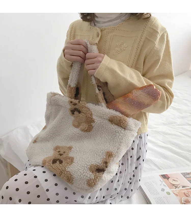 Girl Plush Bear Handbags Lamb Like Fabric Tote Shoulder Bags Lady Large Capacity Soft Fur Shopping Bag Cute Book Bag