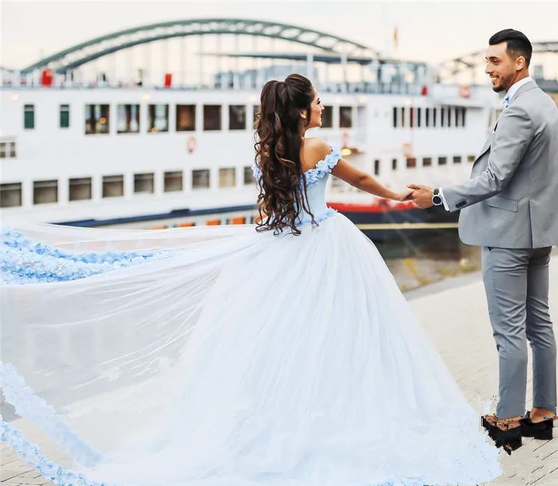 Azul vestido de baile vestidos de casamento 2020 querida feito à mão 3d flores frisado vestido de noiva vestido de casamento plus size