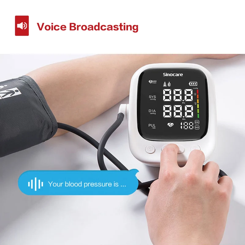Arm Automatic Blood Pressure Monitor, Heart Rate Pulse BP Sphygmomanometer Machine with Voice Function & Large LCD Display