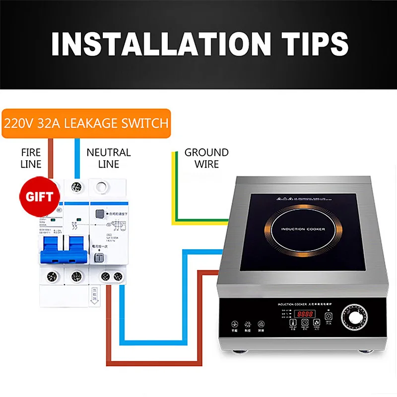 Cocina de Inducción plana de 5000W, cocina comercial de gran potencia de acero inoxidable, estufa eléctrica, temporizador, resistente al agua