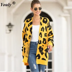 2021 Autumn Winter long Sweater Cardigan Coat Casual Loose Mid-length Dual Pocket Leopord Pattern Knitted Sweater